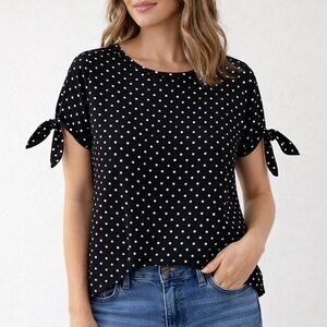 Polka Dot Tie Sleeve Top - Black and White